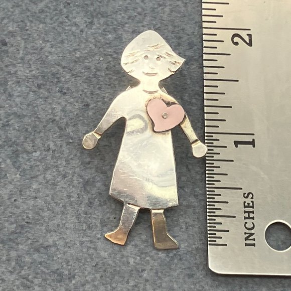 JO Girl Heart Pin Brooch As Is Tack Lapel Tie Sterling Silver Matte Pink Signed - Picture 7 of 8